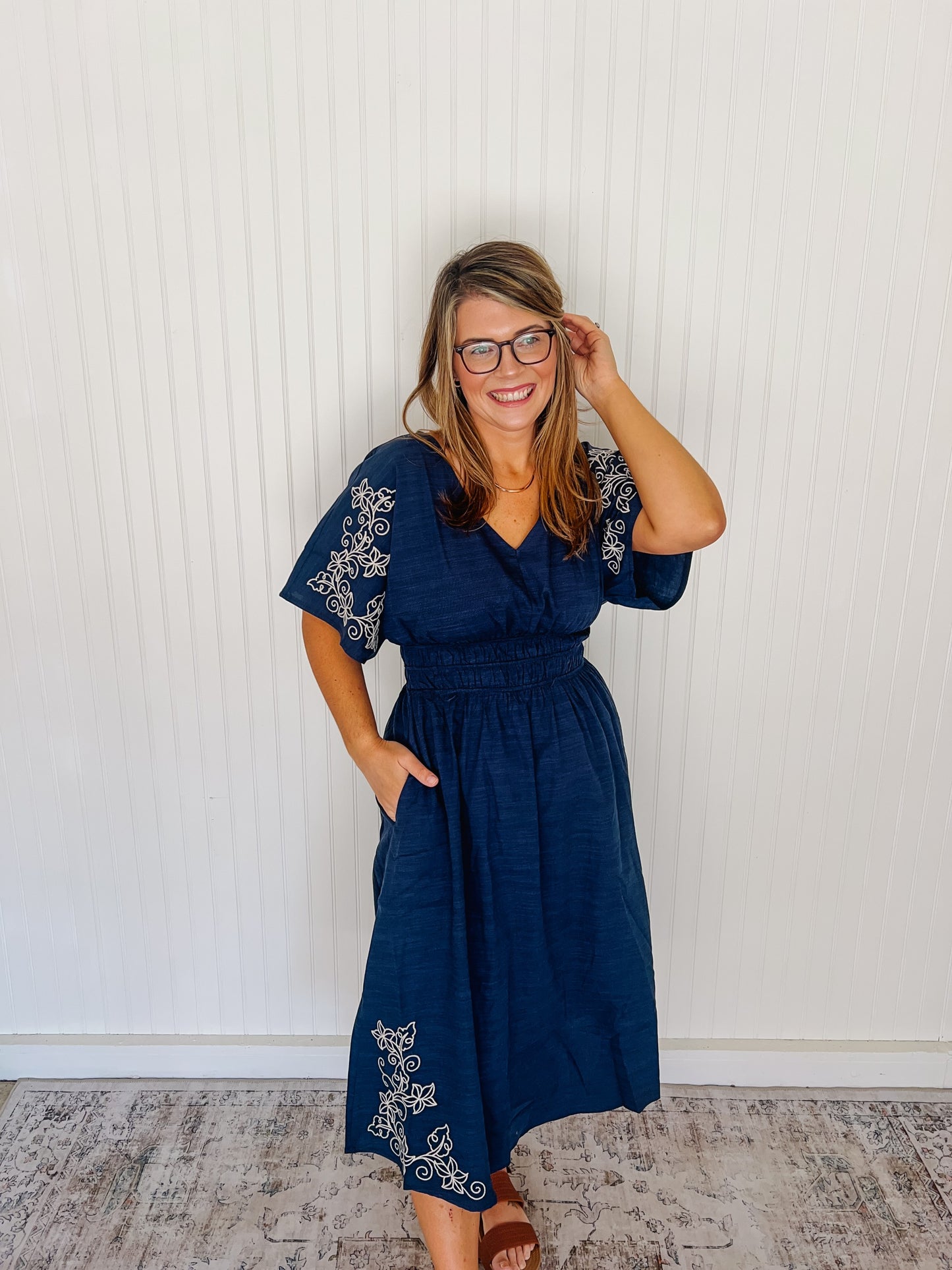 Navy V Neck Midi