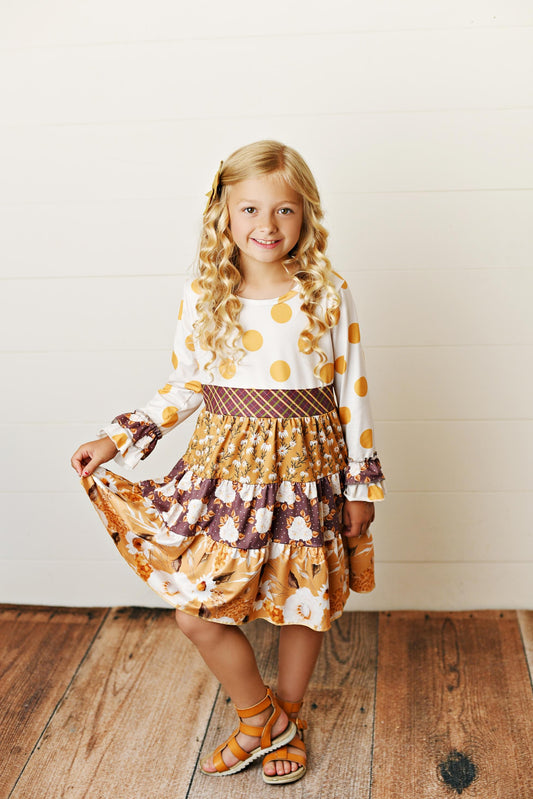 Kids Mustard Polka Dot Multi Print Tiered Dress