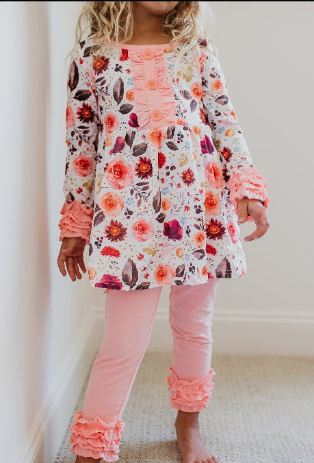 Kids Peach Floral Ruffle Button 2 Piece Pant Set