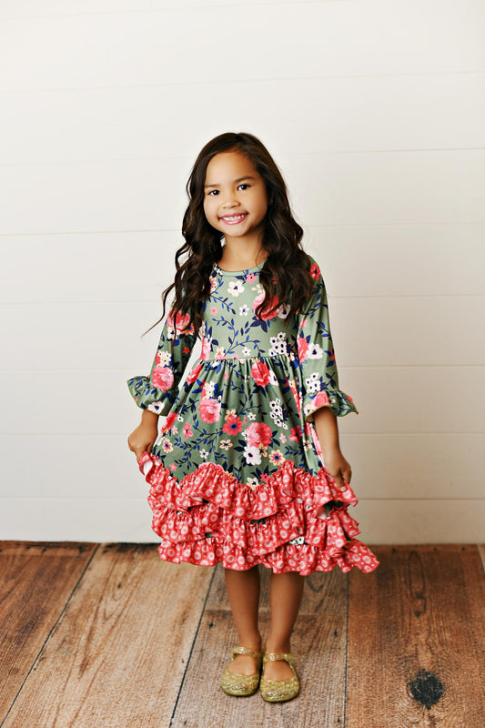 Kids 3 Ruffle Sage & Floral Long Sleeve Fall Dress