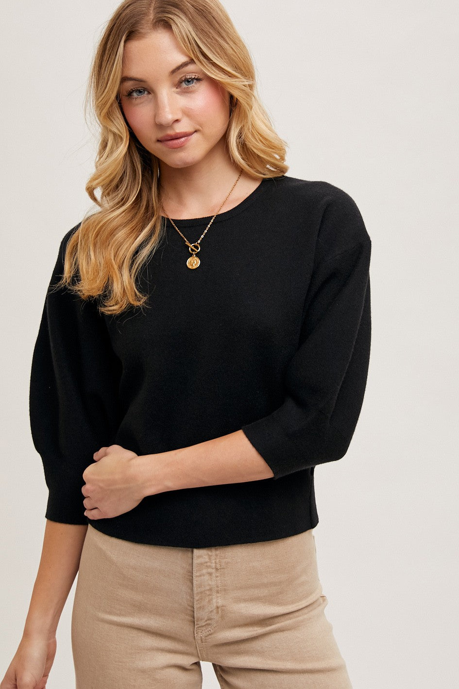 PUFFED 3/4 SLEEVED KNIT SWEATER TOP