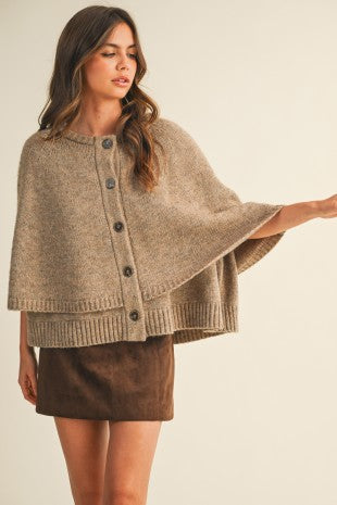 Button Closure Sweater Cape Cardigan
