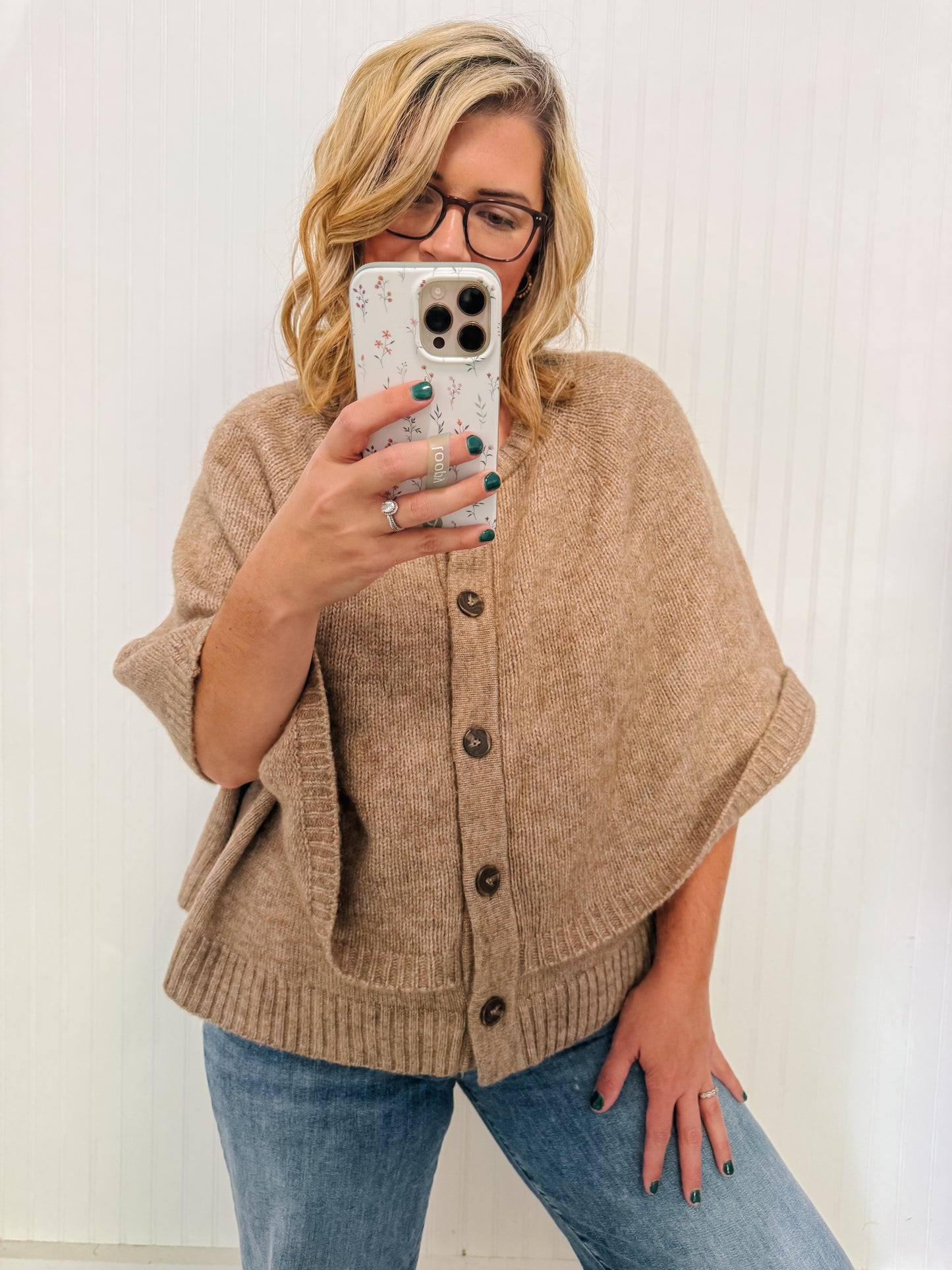 Button Closure Sweater Cape Cardigan