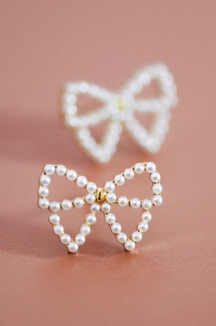 White Pearl Bow Stud Earrings