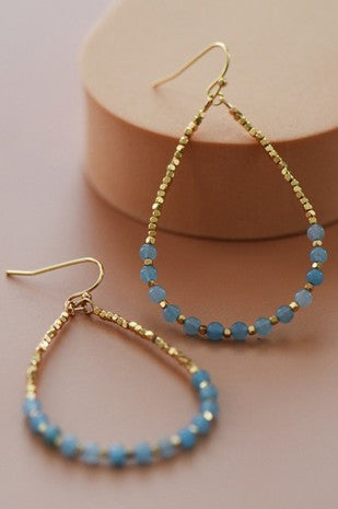 Aquamarine Stone Beaded Teardrop Wire Earrings