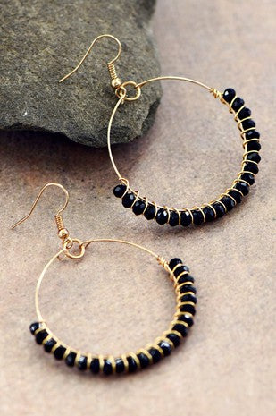 Boho Black Beaded Circle Drop Earrings