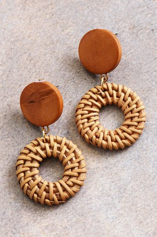 Natural Woven Rattan Wooden Drop Earrings