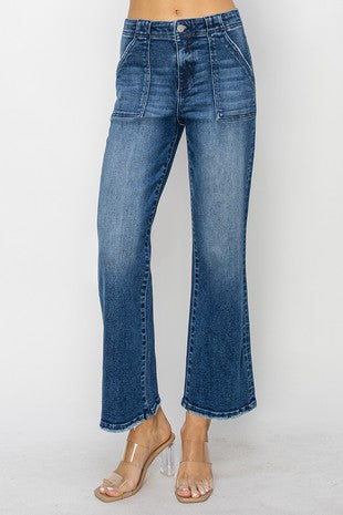 HIGH RISE PATCH POCKETS ANKLE FLARE JEANS