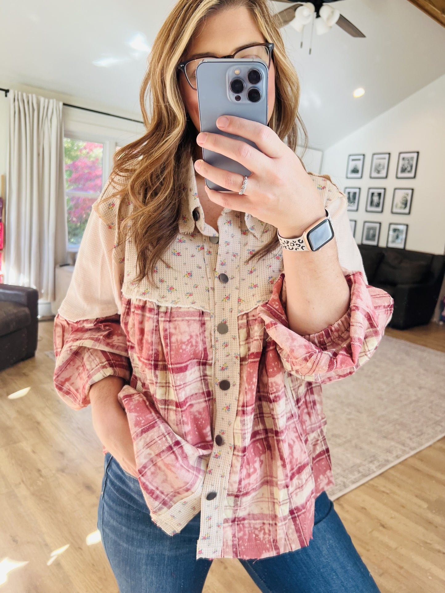 Collar neck balloon sleeve plaid knit print shirt