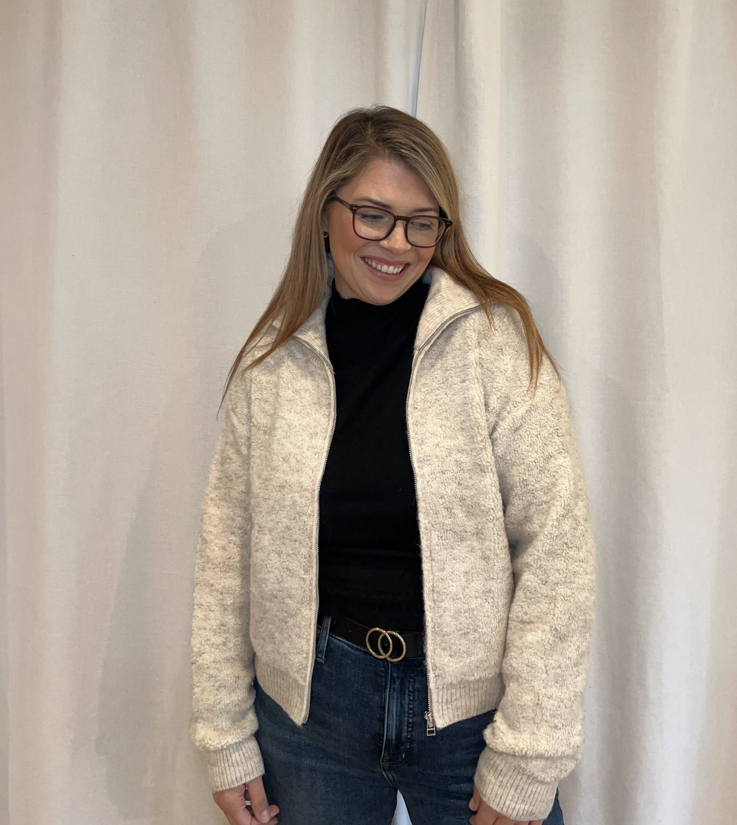 COLLARED KNIT FLUFFY SWEATER JACKET