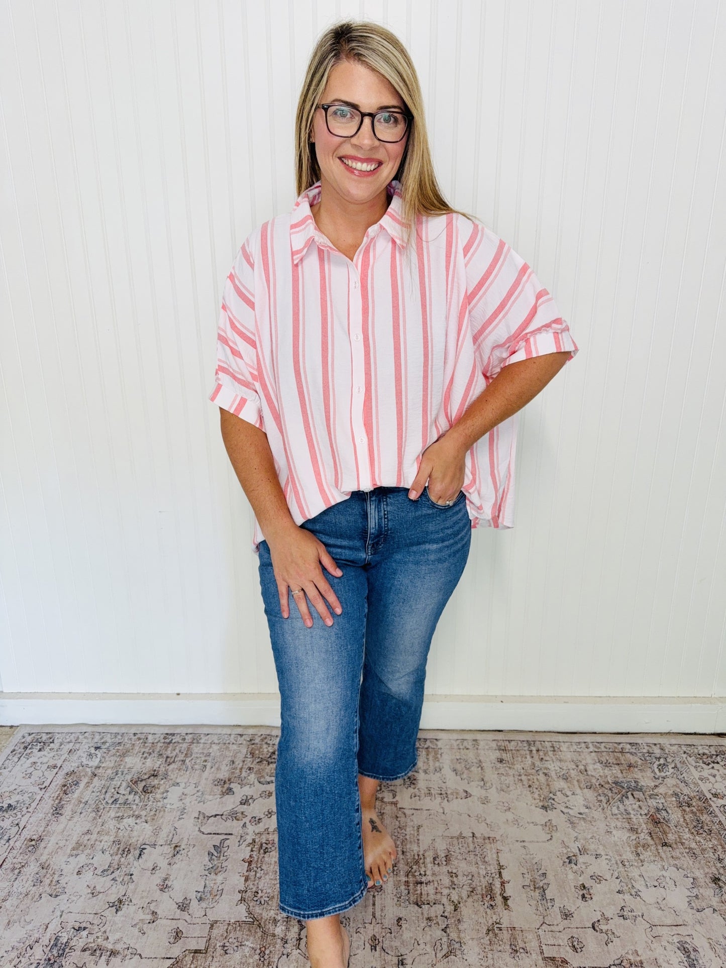 Coral & White Button Down