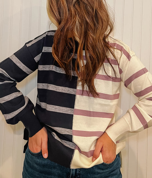 STRIPE DOLMAN SLEEVE COLOR BLOCK SWEATER TOP