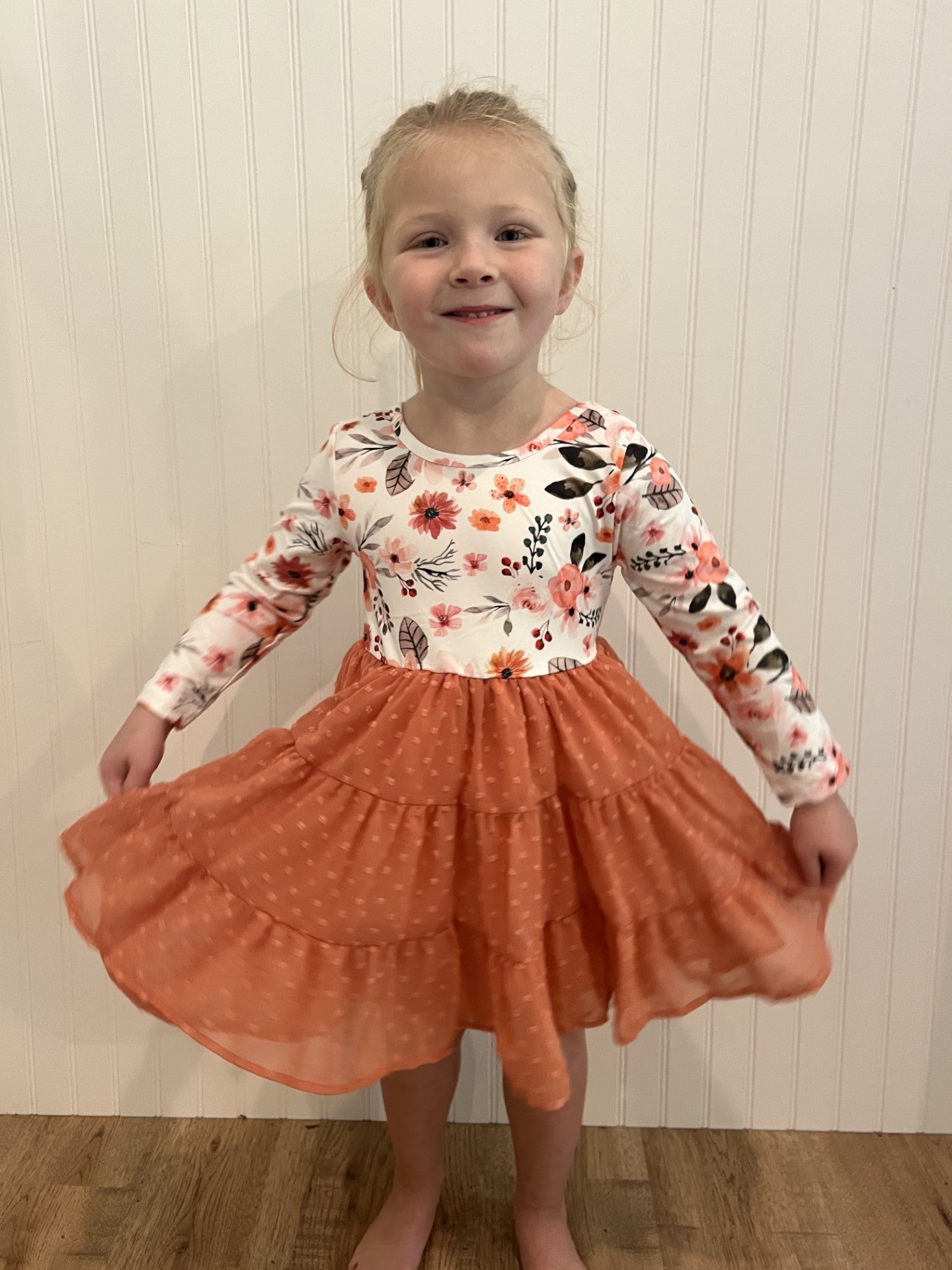 Kids Rust Floral Print Swiss Dot Tulle Fall Dress