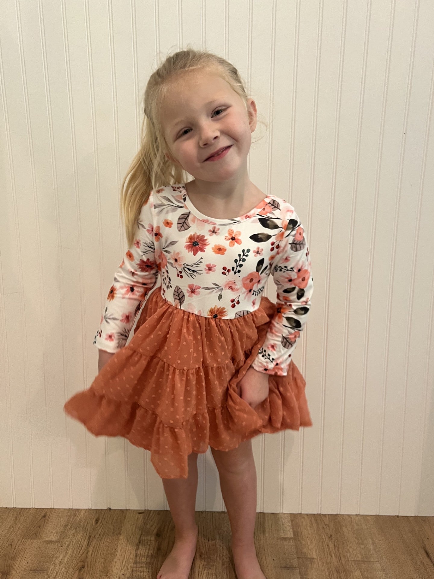 Kids Rust Floral Print Swiss Dot Tulle Fall Dress