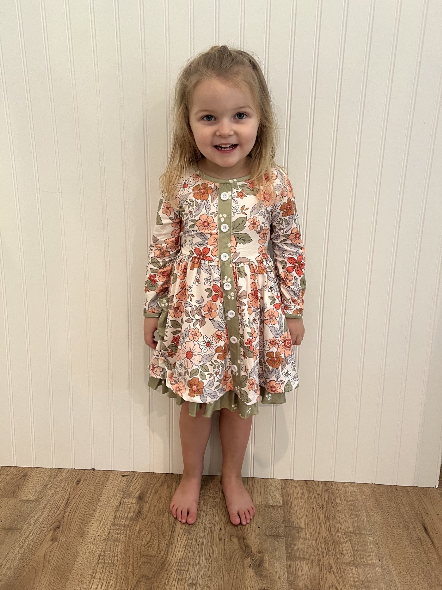 Kids Sage & Rust Fall Floral Button Pocket Dress