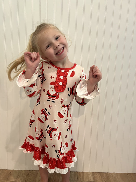 Kids Red Santa Christmas Ruffle Button Lounge Gown