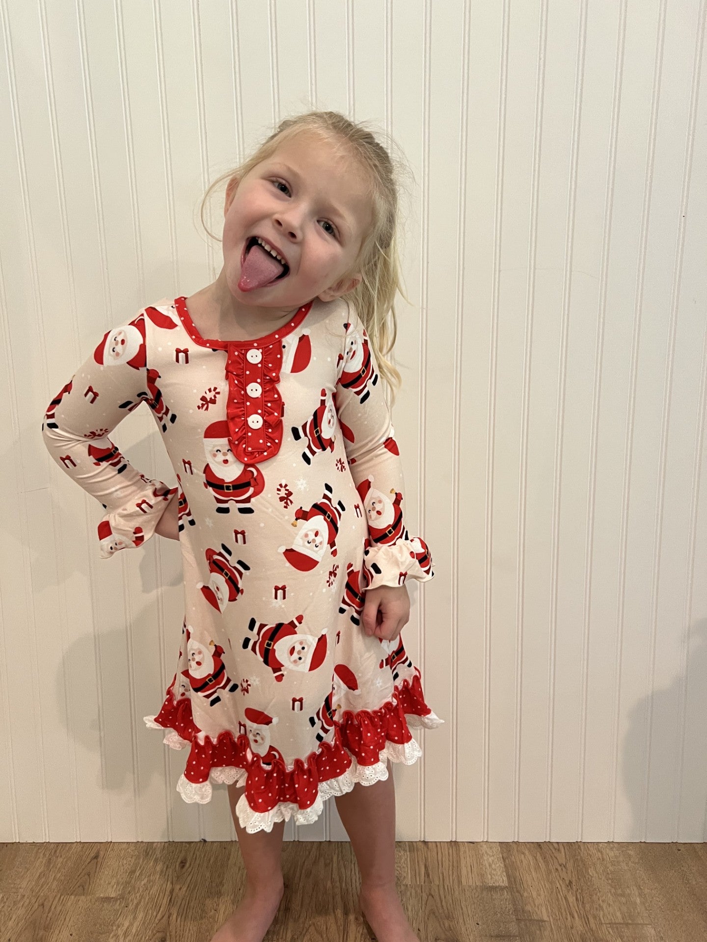 Kids Red Santa Christmas Ruffle Button Lounge Gown