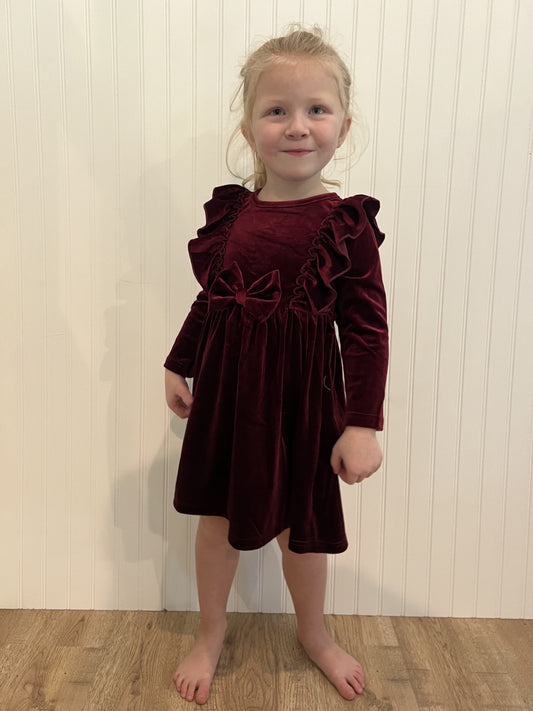 Kids Wine Velvet Ruffle Bow Holiday Dress