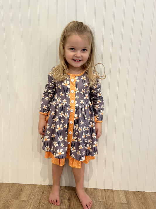 Kids Gray & Mustard Floral Ruffle Pocket Dress