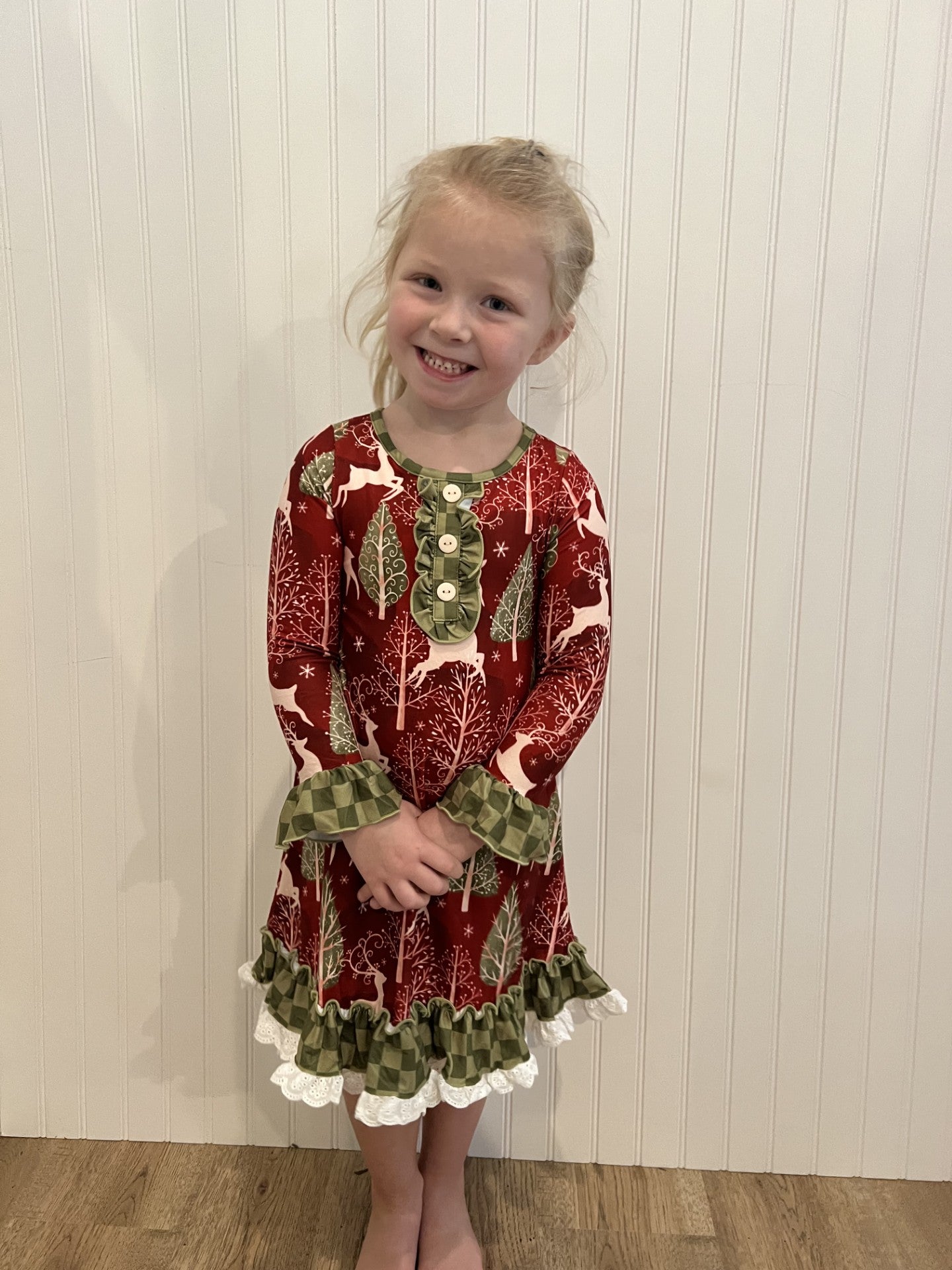 Kids Red Christmas Reindeer Ruffle Lounge Gown