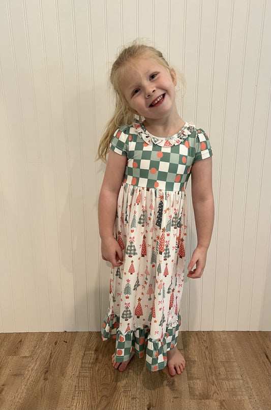 Kids Mint Tree Print Holiday Christmas Lounge Gown